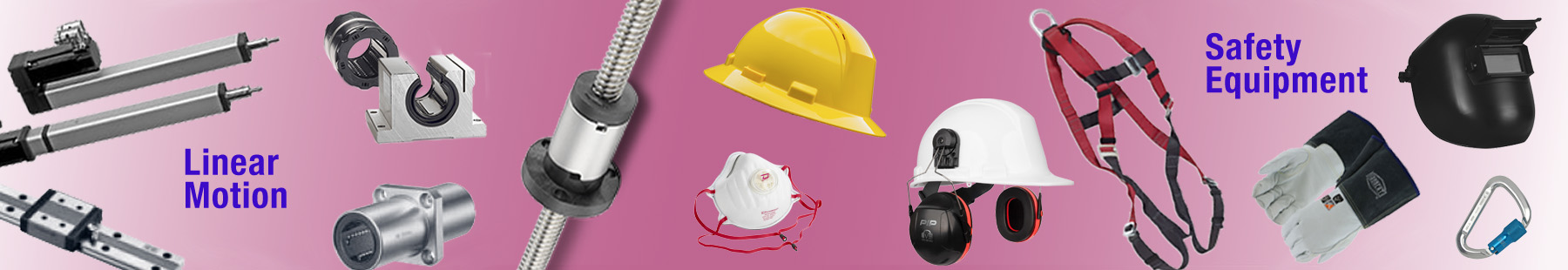 liner motion cylinders, carriages, lead screws, had hats, ear muffs, masks, safety harness, welding gloves, caribiner, welding helmet composite image