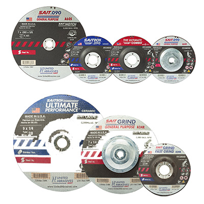 composite image showing multiple sizes of carborundum grinding and cutting wheels